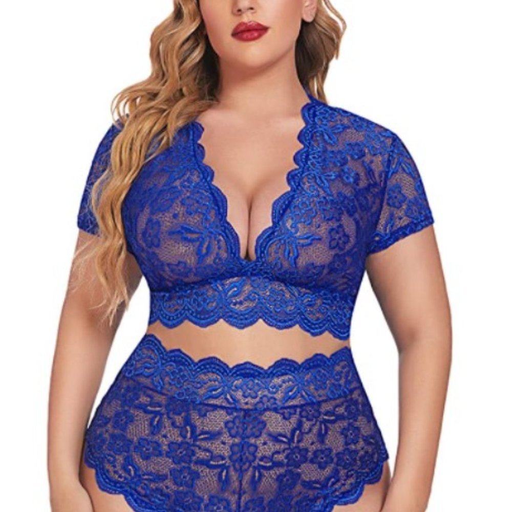 Women's Blue Plus Size Lace Floral Allover Bra High Waist Panties Lingerie Set